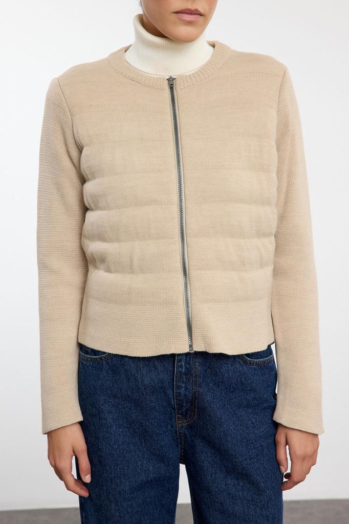 Women's Fashionable Stylish Cardigan Navy Blue Crew Neck Zippered Coat Look Knitwear Cardigan