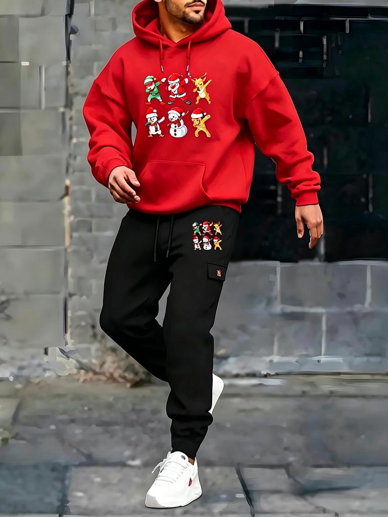 Men's Christmas-print Two-piece Set, Featuring A Hoodie and Pants with Pockets and A Drawstring; Suitable for Outdoor Activities in Autumn and Winter.