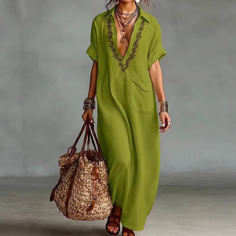 New Short Sleeve Holiday Elegant Party Dress, Women Summer Turn-Down Collar Simple Maxi Dress, Loose Patchwork Ladies Dress