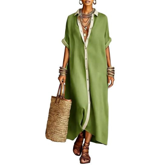 Sommer-Maxikleid für Damen Knopfleiste Kurzarm Tunika-Hemdkleid Lässig Reise Urlaub Locker Lang