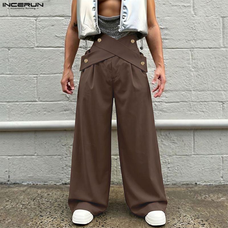 INCERUN Men's Avant Garde High Waist Front Cross Wide Leg Pants Long Trousers