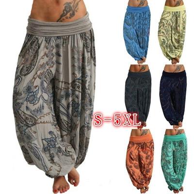 Damen Casual Boho Print Hose Weites Bein Hose Lockere Hosen mit Taschen und Knöpfen