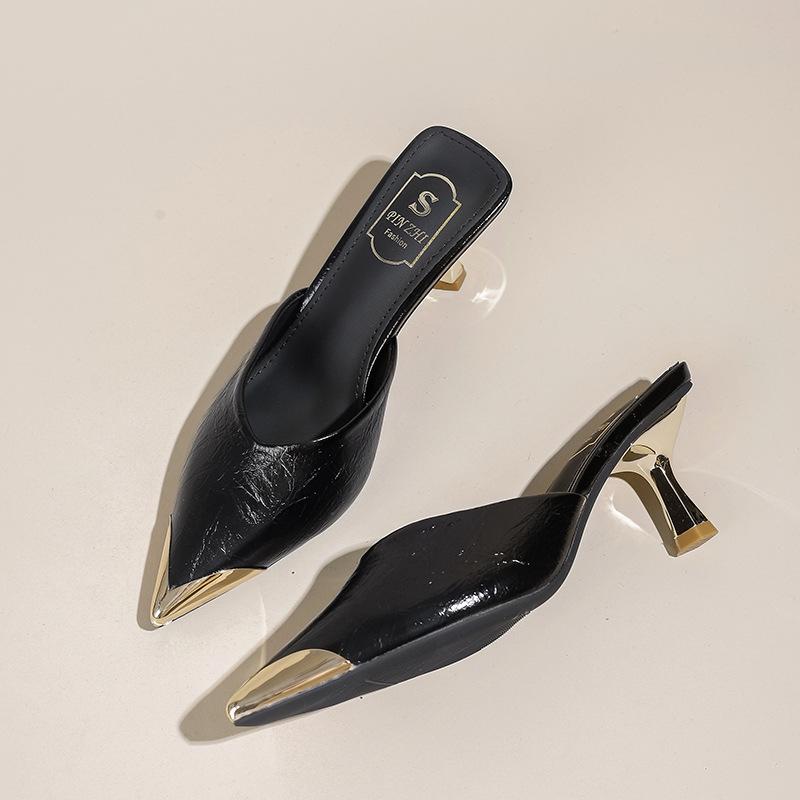 Spring and summer new bag head half slippers wear pointed low heel thick heel women's shoes cool slippers comfortable drag