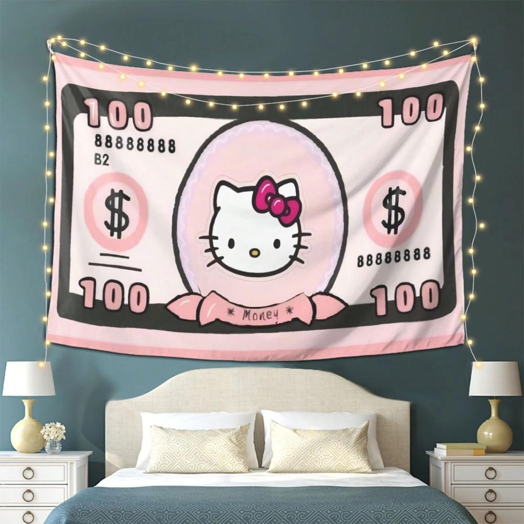 Sanrio Hello Kitty 100 Bill Printed Tapestry Wall Art Decor for Girls Dorm Bedroom Home