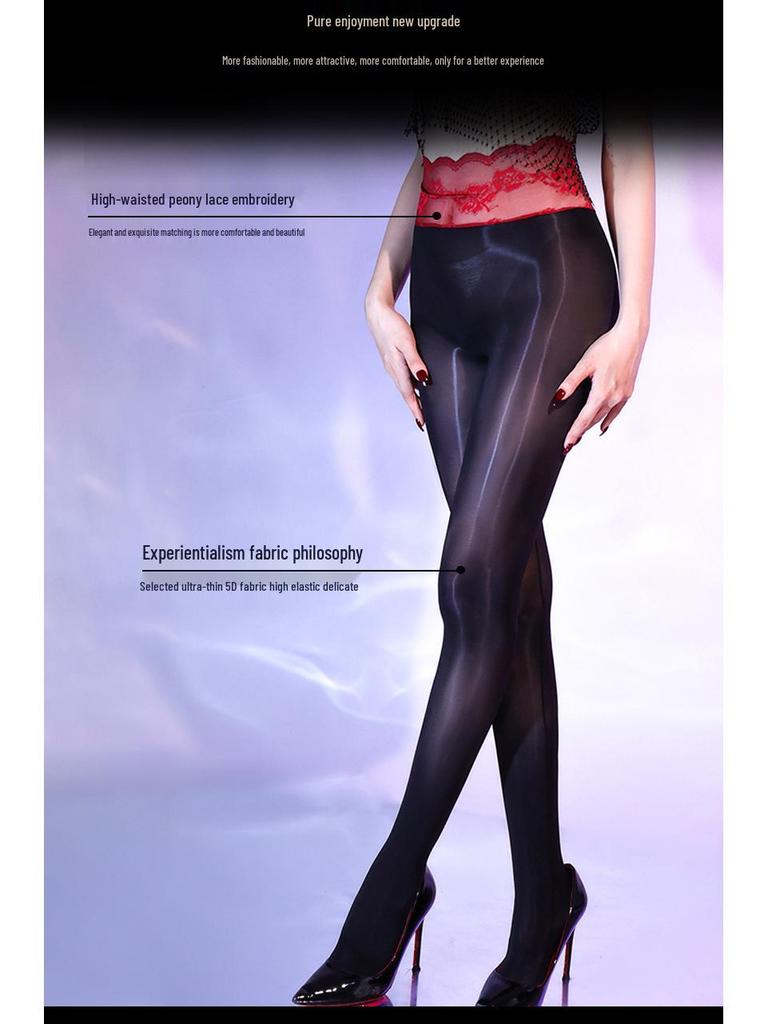 Peony Lace Seamless 5D Open Crotch Black Stockings - Erotic Women's Hosiery