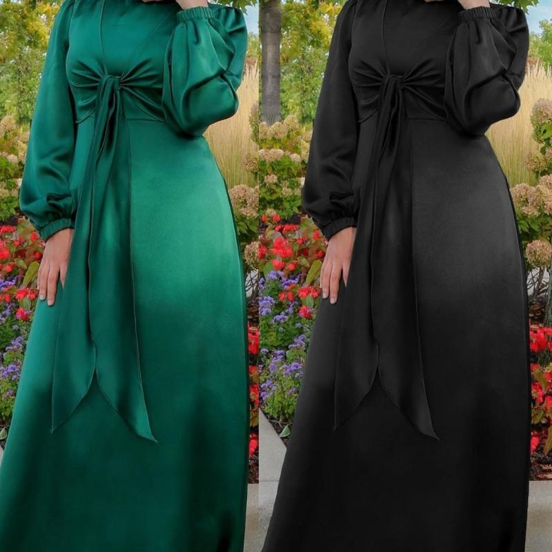 Double Wear Ramadan Muslim Dress Abayas Lace Up O-Neck Dubai Turkey Islam Clothing Kaftan Robe for Womens Girls