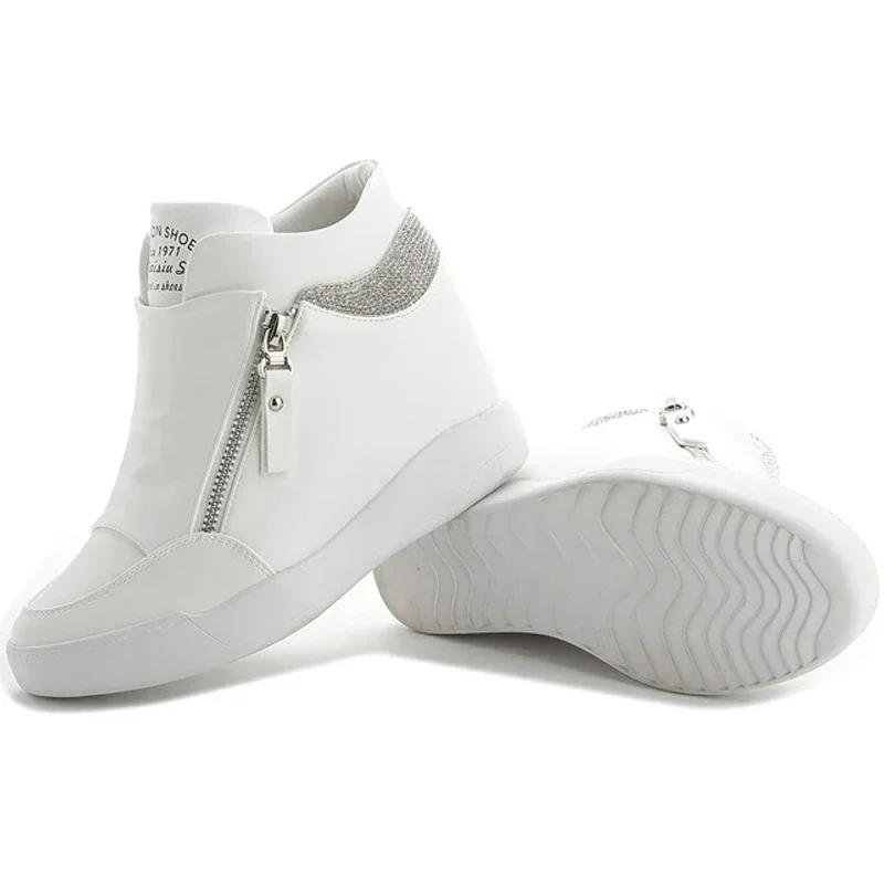 Fashion 2024 Hot Sale Women Wedge High Top Sneakers Zipper PU Leather Casual Shoes Sequins Thick Bottom White Internal Heighten