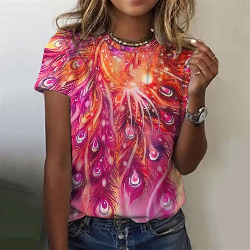 Summer Fashion Women's T-Shirt Peacock Feather 3D Printed Short Sleeve Tops Girl Loose Casual Loose Oversize Outdoor Clothing