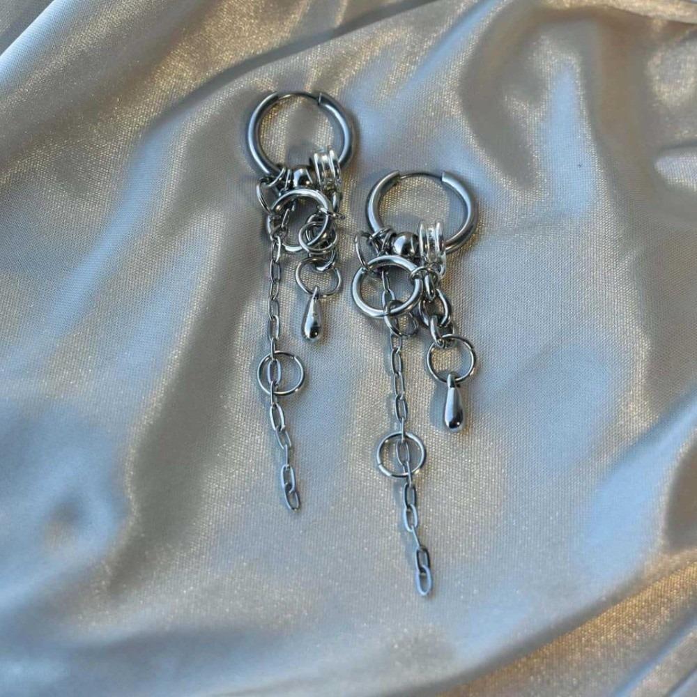 Punk Water Droplet Pendant Earrings Circular Ring Dangle Ear Studs Chain Hoop Earrings Gifts серебряный
