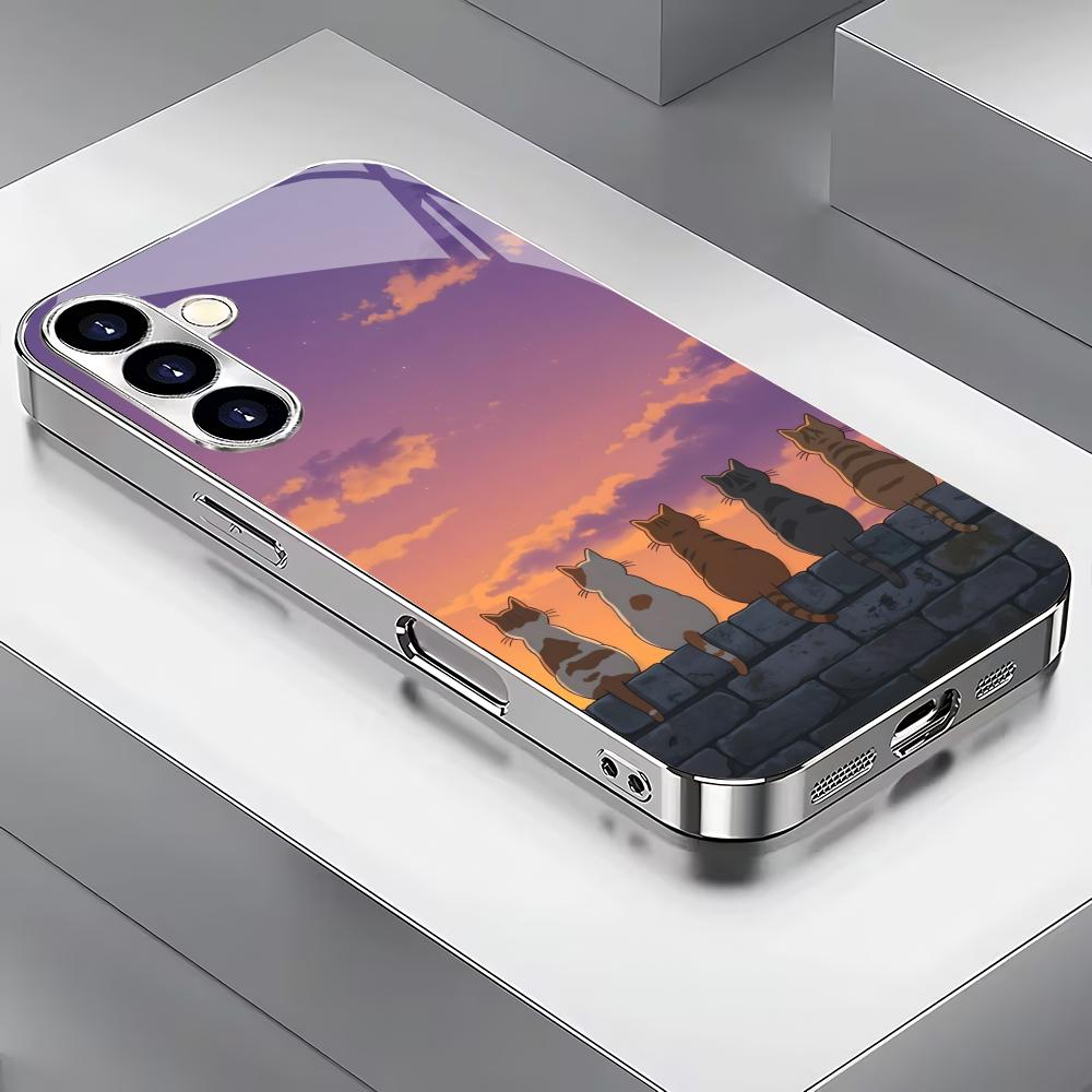 

Cat Back Silver Plated Glass Phone Case Suitable for Samsung Galaxy S26 S25 S24 S22 S21 S20 FE/Ultra/Plus Anti Drop Back Cover GalaxyS25