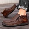 Men's High-top Casual Leather Shoes Hand-stitched Plus Size 38-50 Non-slip Soft Sole Flats with Zipper for Walking Working