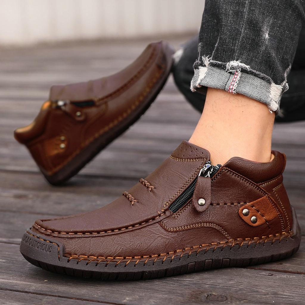 Men's High-top Casual Leather Shoes Hand-stitched Plus Size 38-50 Non-slip Soft Sole Flats with Zipper for Walking Working