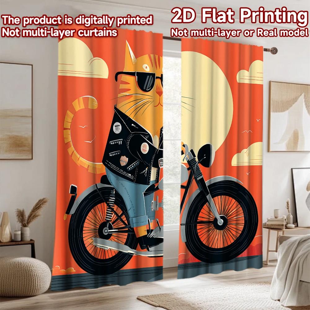 2D Flachdruck 2 Stück Vorhänge Coole Katze fährt Motorrad Digital bedruckte Polyester Vorhänge Geburtstagsparty Verwendung für Stände Studio