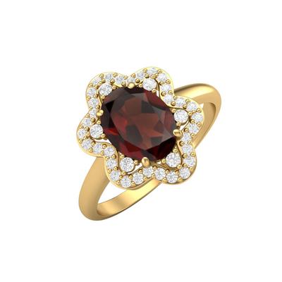 Pedra Preciosa Granada Oval 8X6MM Prata de Lei 925 Banhado a Ouro Solitário Halo Anel de Noivado Feminino