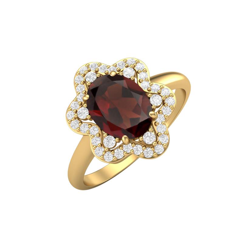 Anello da fidanzamento da donna Solitario Halo placcato oro in Argento Sterling 925 con Pietra Preziosa Granato Ovale 8x6MM