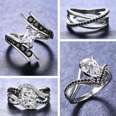 New Unique Black Cubic Zirconia Hollow Out Ring for Women Fashion Female Modern Wedding Jewelry Rings