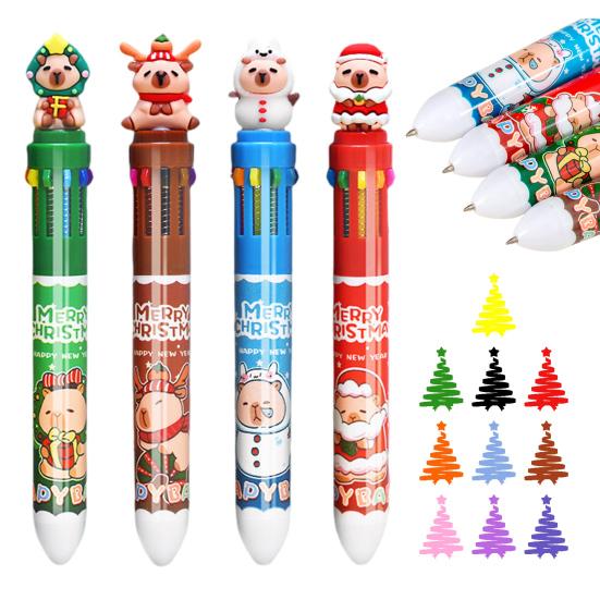 Christmas 10-Color Ballpoint Pen Santa Snowman Topper Designs Pen Multi-Color Writing Tool Fun Holiday Gift for Students Friends