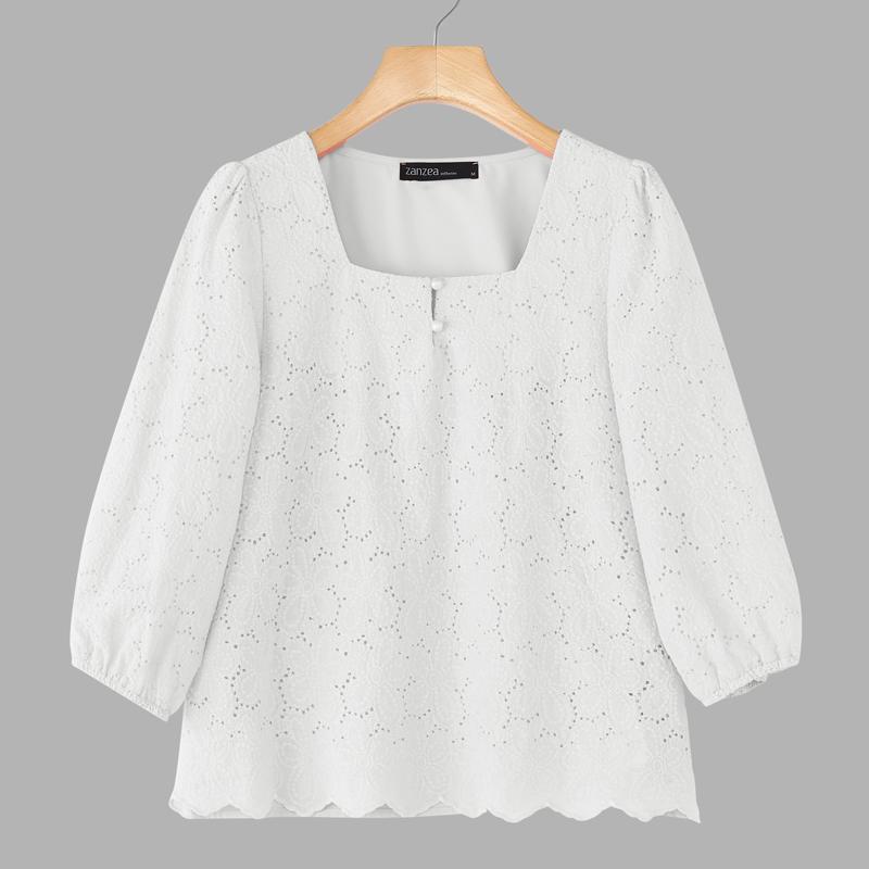 

ZANZEA Женская повседневная блузка с квадратным вырезом, рукавами 3/4, свободного кроя, с лоскутным кружевом 4XL белый