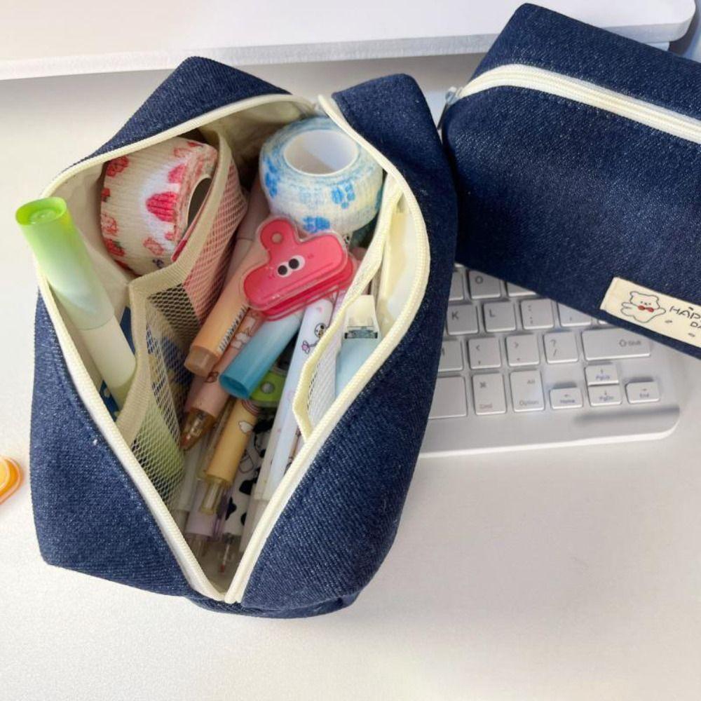 Large Capacity Stationery Bag Dark Blue Stationery Organizer Cute Denim Pencil Case  School Office
