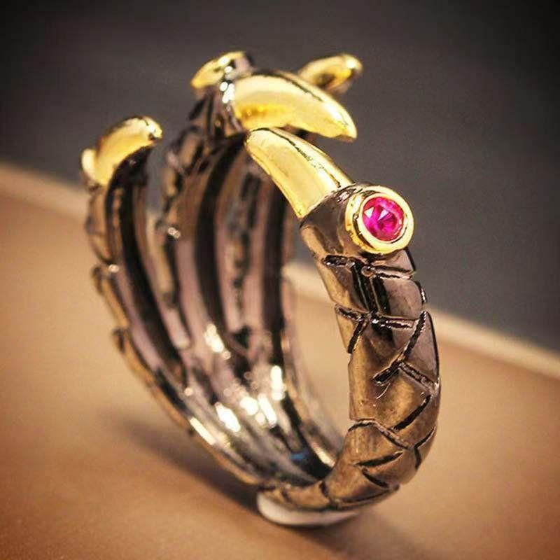Vintage Metal Dragon Claw Ring for Men Personality Punk Two Tone Inlaid Pink Zircon Demon Ring Party Jewelry