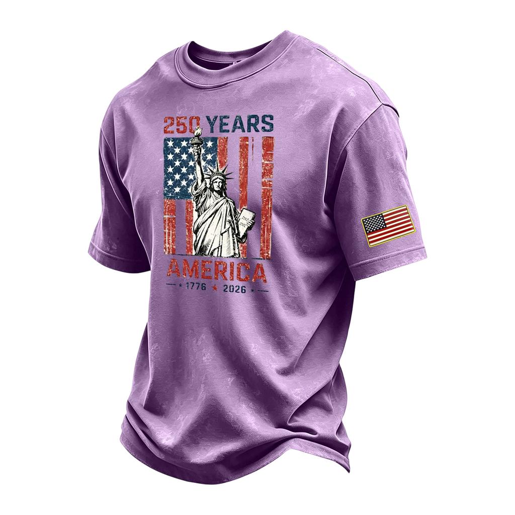 Men's Vintage Washed Crew Neck Short Sleeve T-Shirt 250 Years America Independence Day Graphic Print Cotton Casual Tee