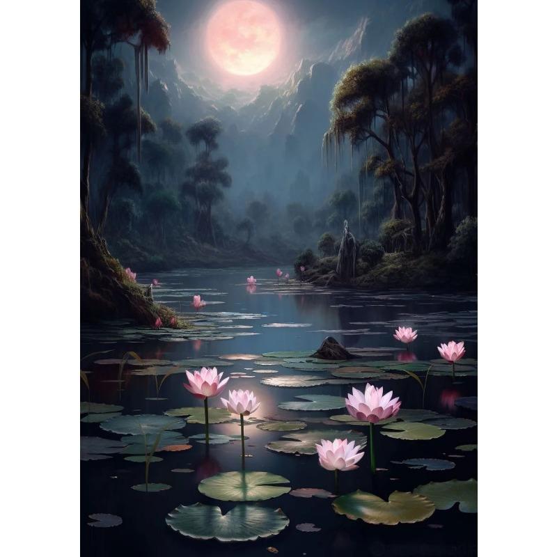 Vintage Traditonal Chinese Style Lotus Flower Pond Moonlight Landscape Art Poster Canvas Painting Wall Prints Picture Home Decor