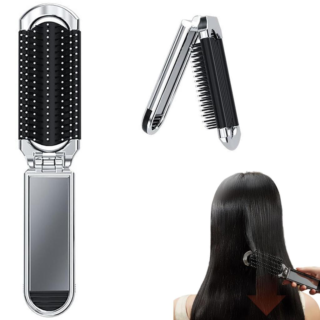 Hair Brush for Women Popular Folding Brush with Mirror Folding Hair Brush Hair Care Silver Compact/Portable Travel/Outdoor/Commuting/School Etc.