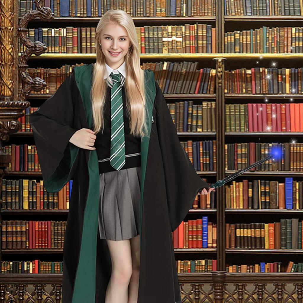 Formemory Halloween Costume Complete Includes and Magic Wand and Lights Unisex Cosplay Magic Wand Size Set, 4-Piece Set, Green, Robe, Necktie, Scarf,