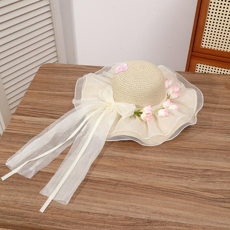 Summer Bow Sun Hat Female, Seaside Beach Vacation Sun Hat Outdoor Big Brim Sun Hat Sweet Straw Hat