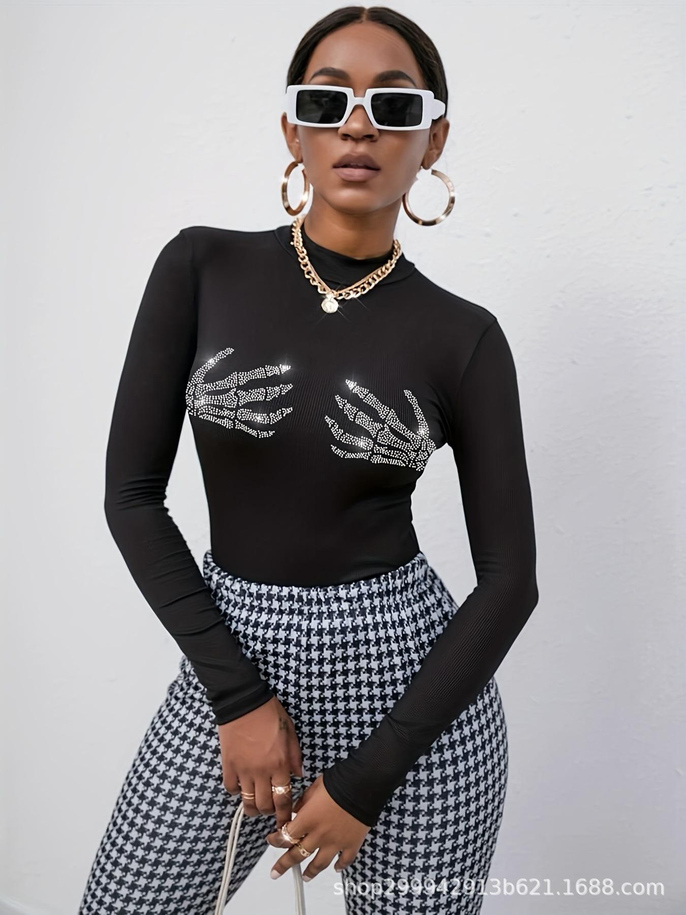 

Осенне-зимний рубчатый топ-футболка с черепом и стразами для женщин, модный повседневный базовый офисный женский облегающий топ с длинным рукавом XS чёрный