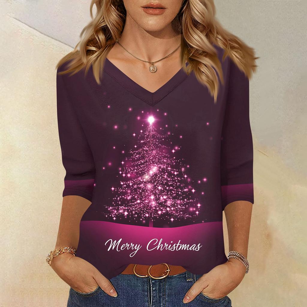 Women's T Shirt CHristmas Print 3/4 Sleeve Daily Weekend Fashion Basic V- Neck Regular Top