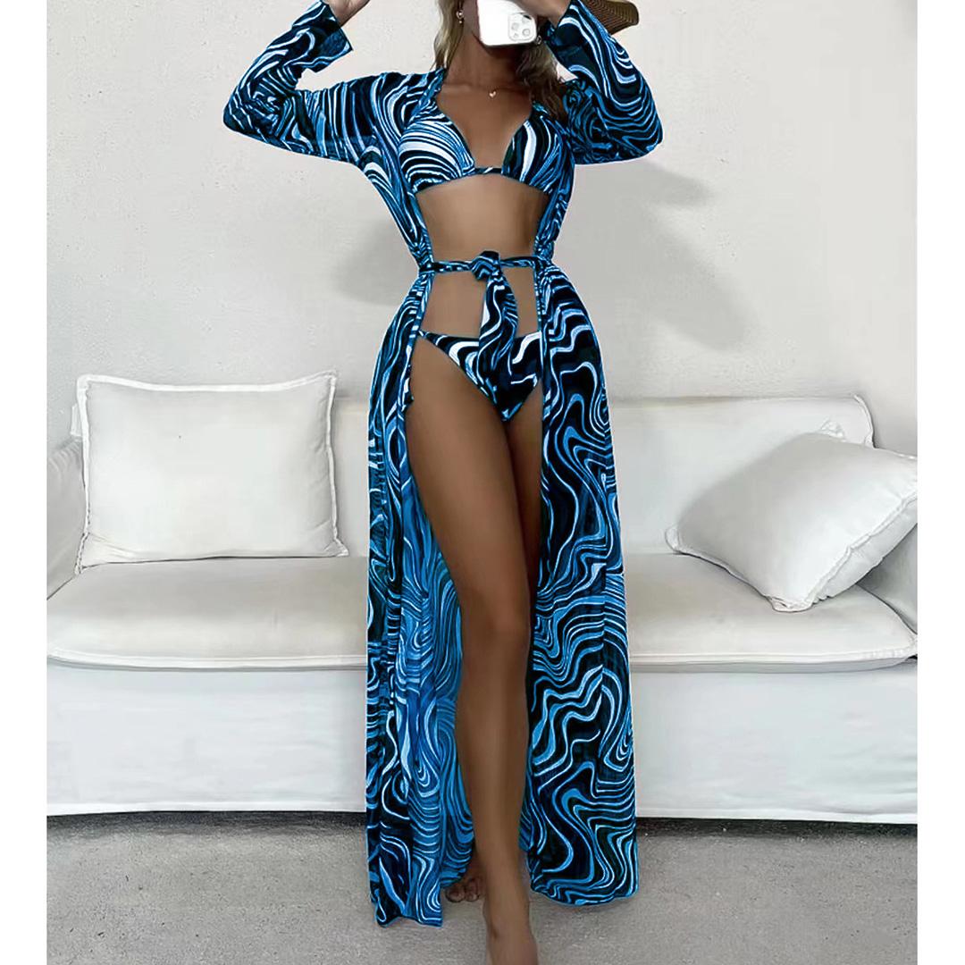 

3 шт. с длинным платьем, бикини с струящимся узором, женские купальники, женский купальник, комплект бикини из трех частей, купальный костюм для плавания S синий