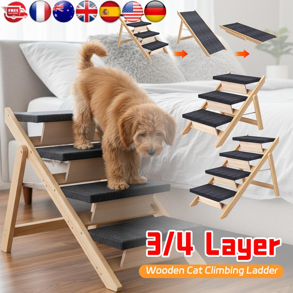 2In1 Wooden Pet Climbing Ladder Foldable Non-slip Carpeted Ramp Stair Portable Car Mounted Steps for Dogs Cat Indoor Outdoor Pet