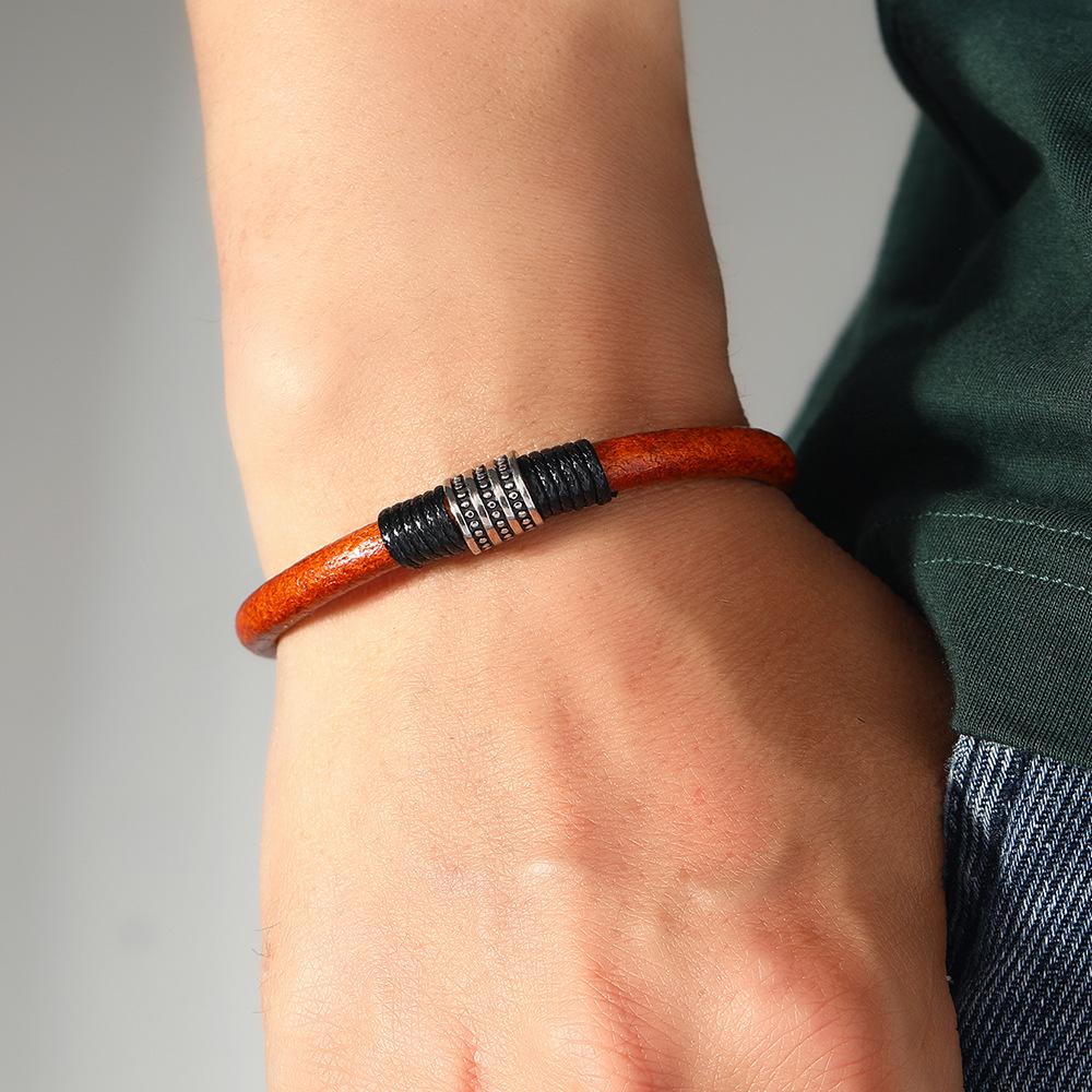 Skeleton Floral Leather Bracelet Men Women Vintage Silver Jewelry Alloy Magnetic Clasp Men Brown Cowhide Wrist Armband