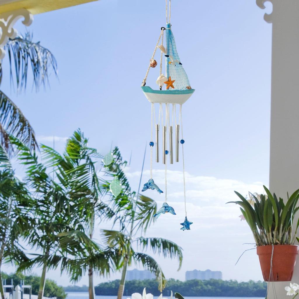 Sailboat Wind Chime Unique Creative Gardening Gift Beach Art Nautical Decor Hanging Pendant Wind Bell for Indoor Window Porch