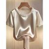 Spring Summer French Style Pearl Round Neck Satin Short Sleeve Shirt T-shirt