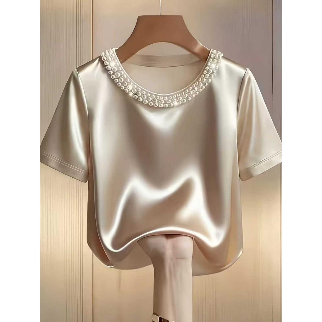 Spring Summer French Style Pearl Round Neck Satin Short Sleeve Shirt T-shirt