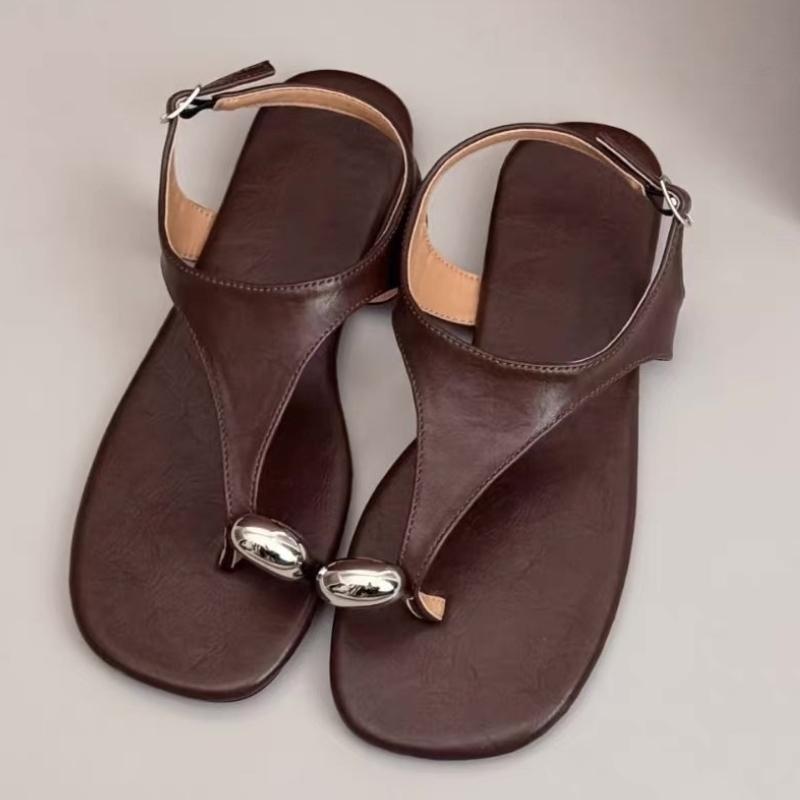 Fashion Retro Metal Decoration Flat Sandals Women Summer Sexy Clip Toe Back Strap Buckle Flip Flops Comfortable Non-slip Beach Sandals