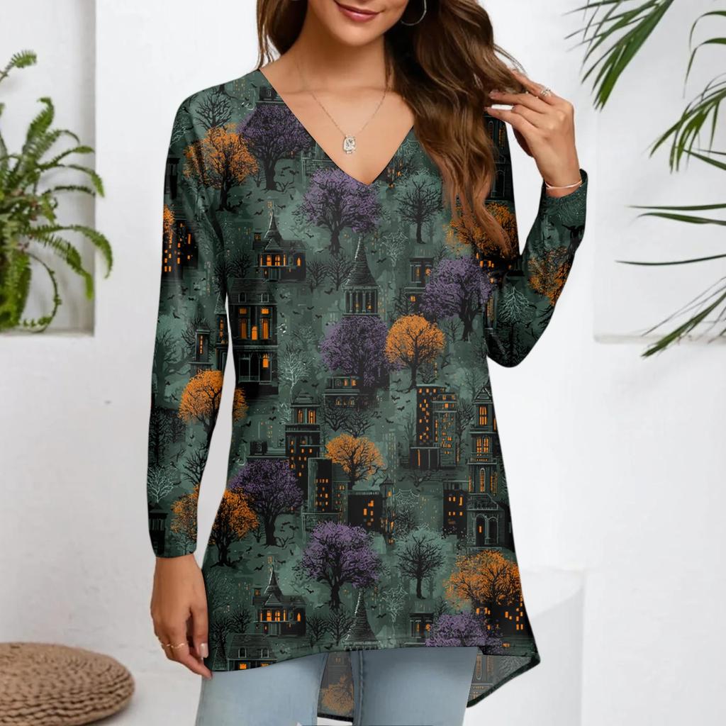 Damen Modisches Und Lässiges Halloween Bedrucktes T-Shirt Langärmlig V-Ausschnitt Mittellanges Oberteil