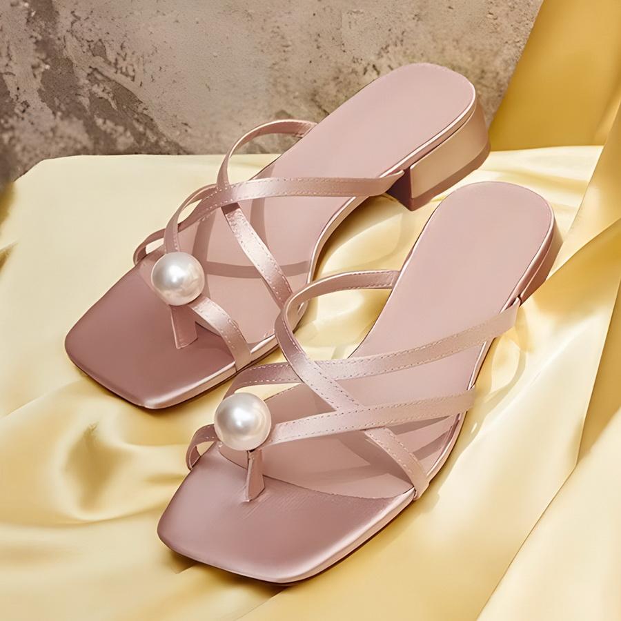 

Women Clip-on Slippers Outdoor Vacation Beach Seaside Casual Slippers Rhinestone Mid-heel Slide Sandals Summer Fashion Sandals 40 рожевий