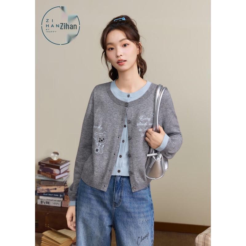 

ZIHAN Women s Faux Two-Piece Round Neck Knit Cardigan M