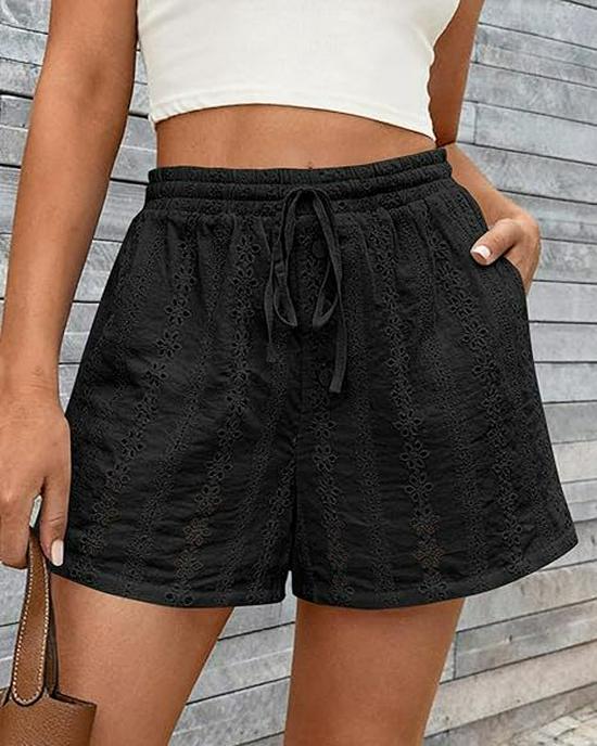 2026 European and American Women's Casual Hollow Elastic Drawstring Beach Shorts in Solid Color