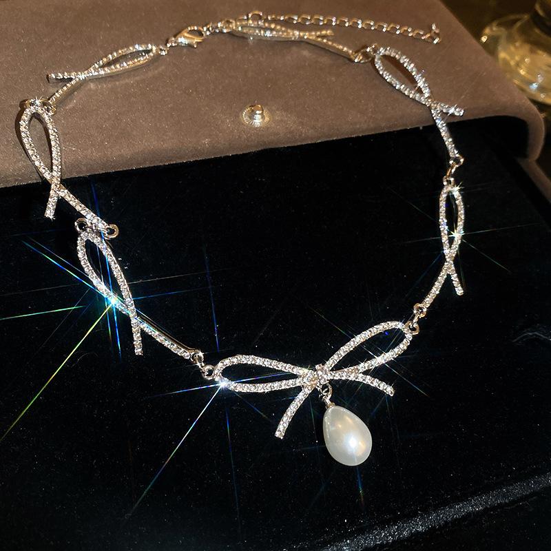 Korean super flash diamond bow tassel necklace fashion personality collarbone chain necklace women
