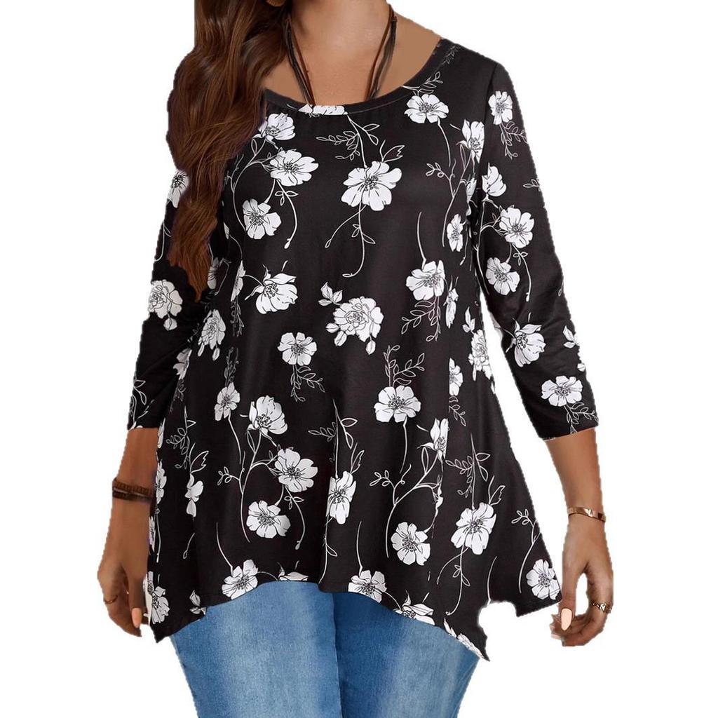 European Floral Print Asymmetrical Hem Long Sleeve Plus Size Top for Women - Spring/Autumn
