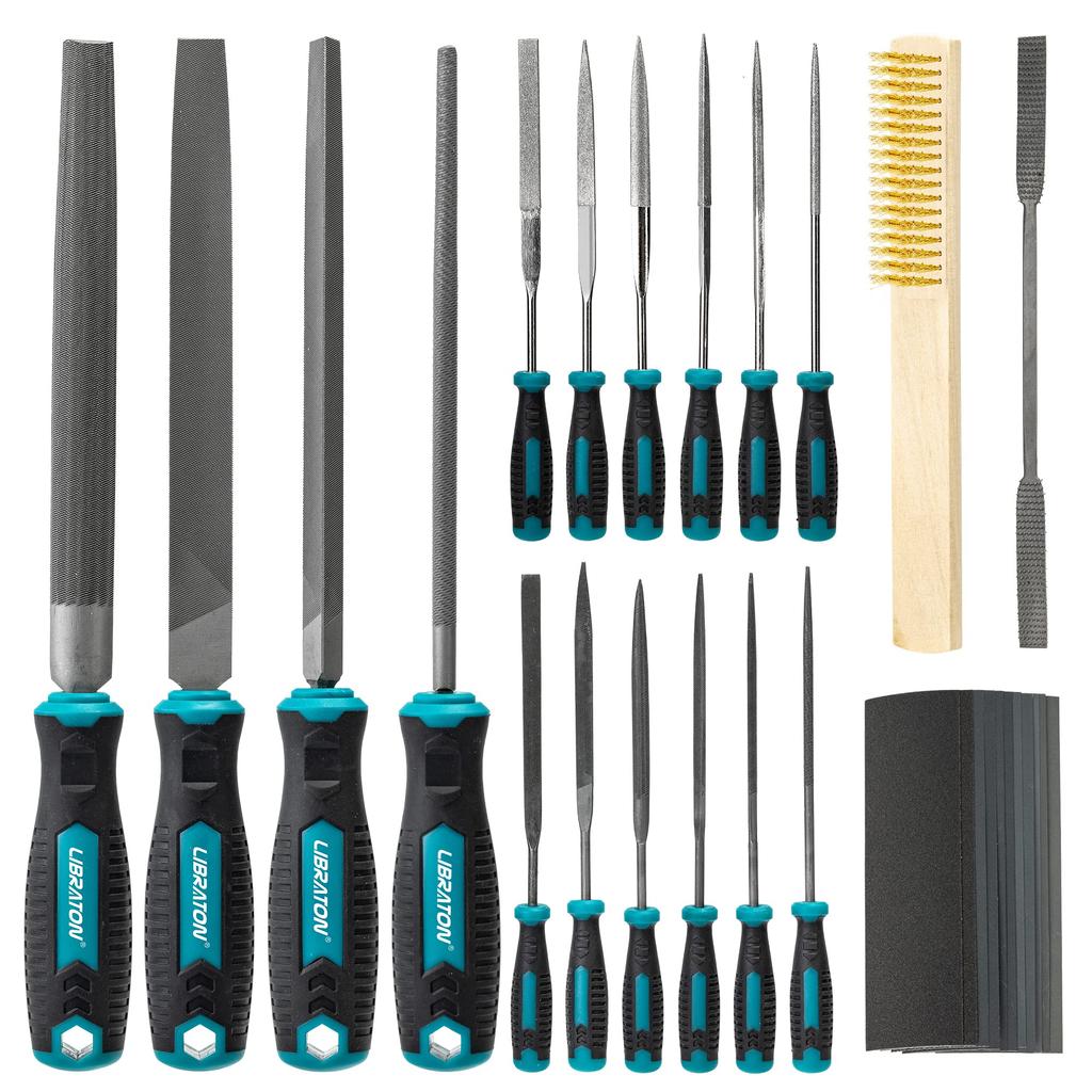 LIBRATON File Metalworking Files Plastic Woodworking Diamond Fine and Medium for Edge DIY Includes 12 Sheets of Steel and Storage Set, 31-Piece Set