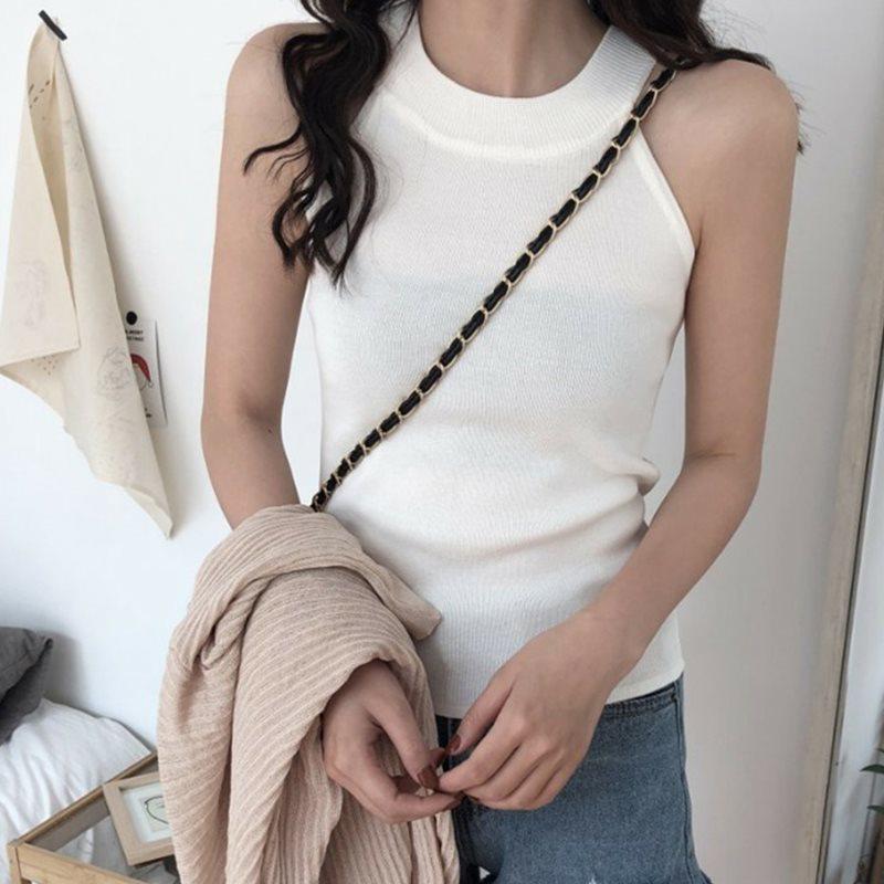 Damen Schwarzes Ärmelloses Strick Halter Tanktop für den Sommer