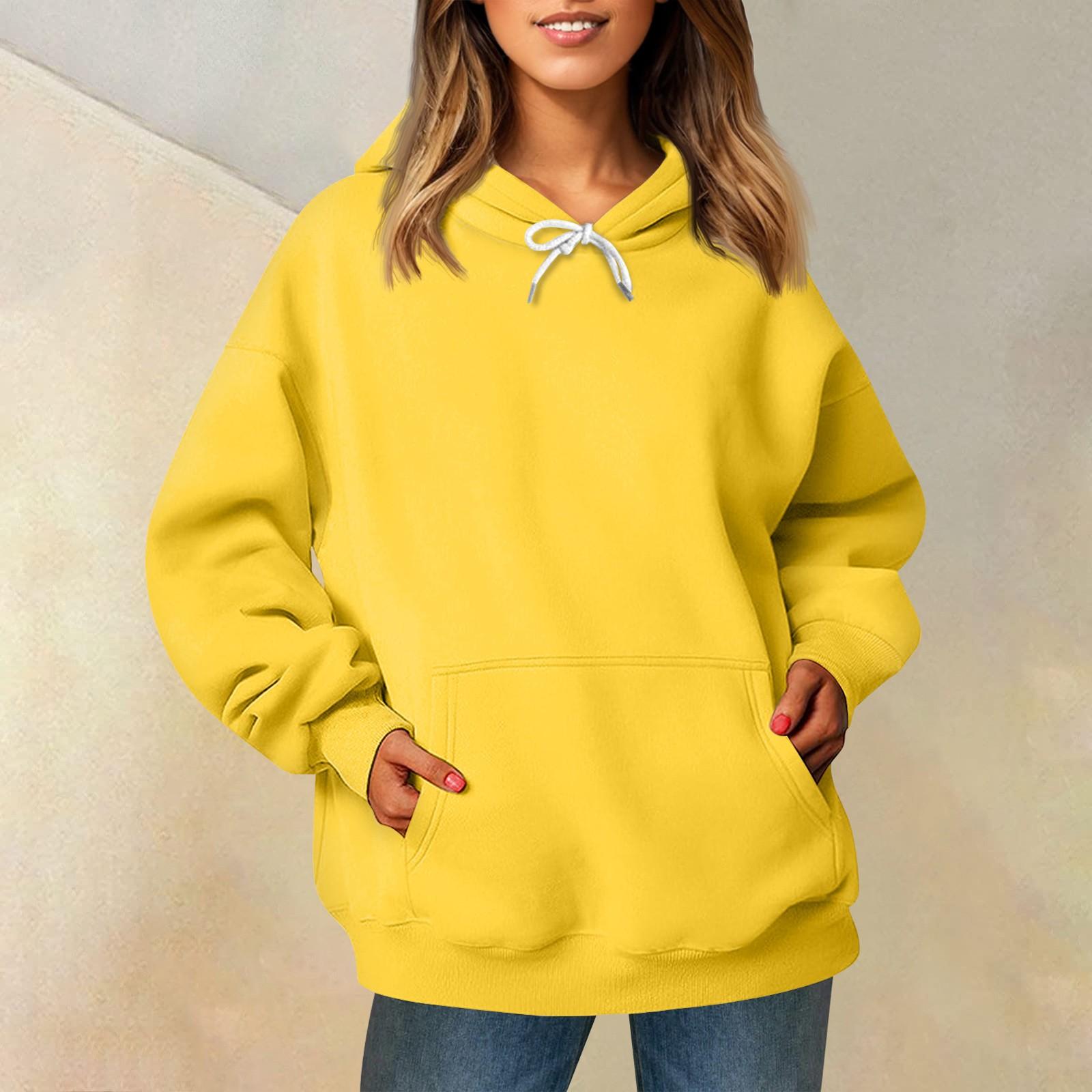 

Женская модная повседневная толстовка с длинными рукавами и круглым вырезом с капюшоном, однотонная толстовка с прошитой нитью XL жёлтый