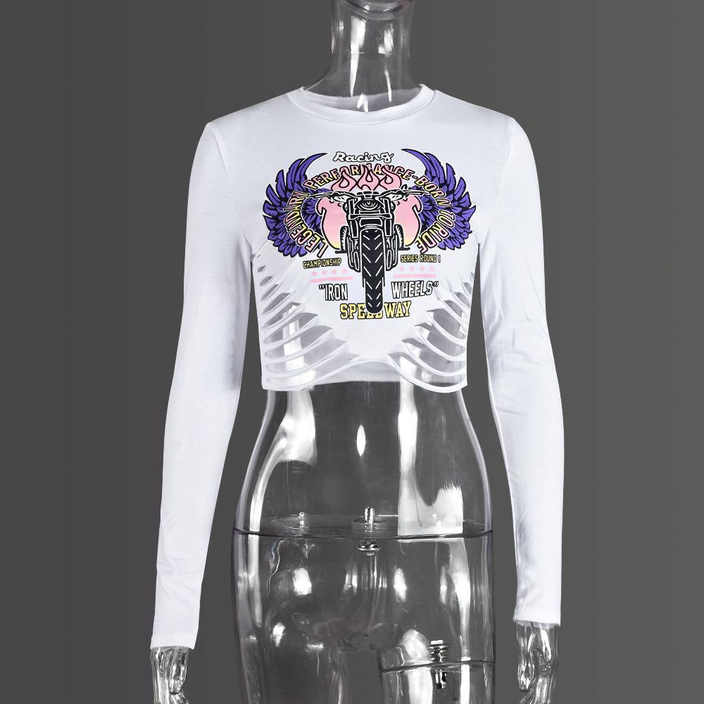 TD Spice Girl Style European and American Crew Neck Navel Cut Women's Wear Versatile Skinny Letter Long Sleeve Top T-Shirt