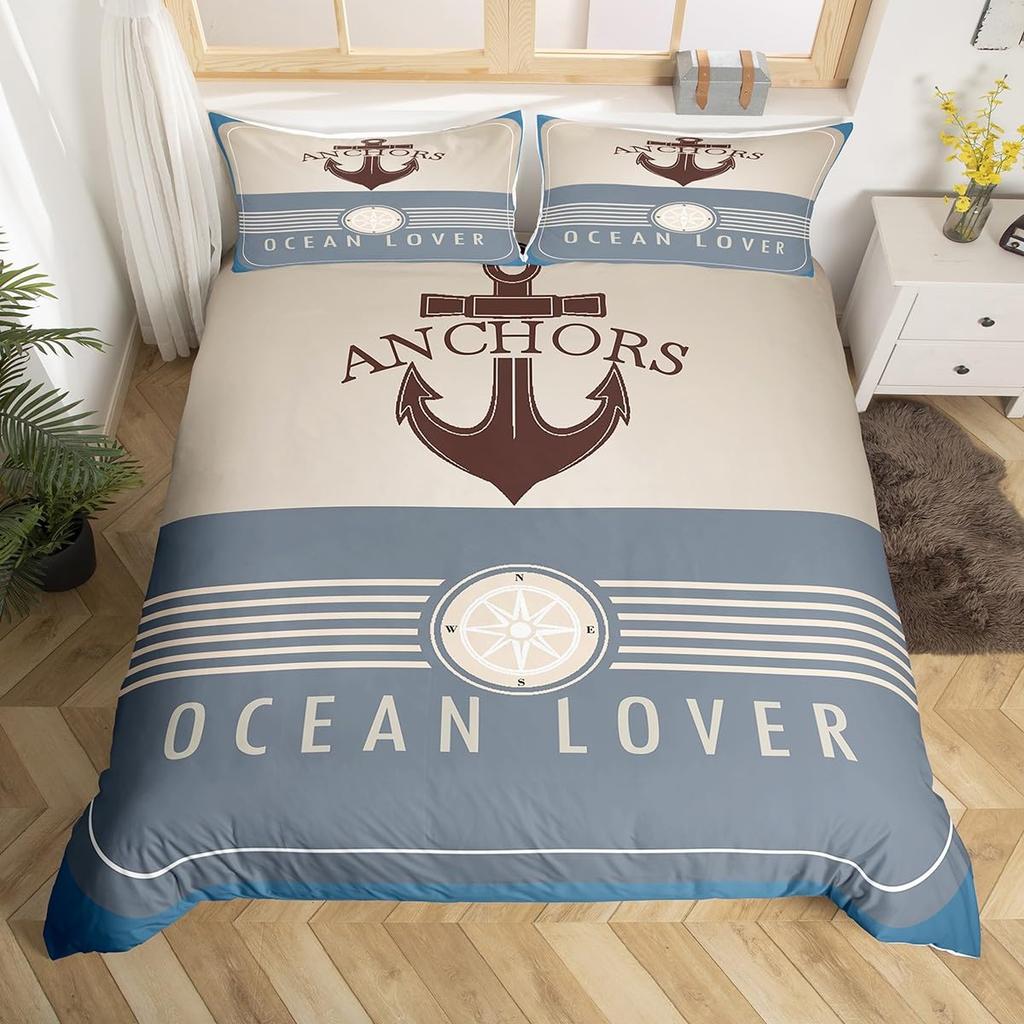 Anchor Compas Soft Duvet Cover Nautical Warm Comforter Cover Ful King Geometric Stripes Beding Set Coastal Adventure Theme Comfortable Quilt Cover