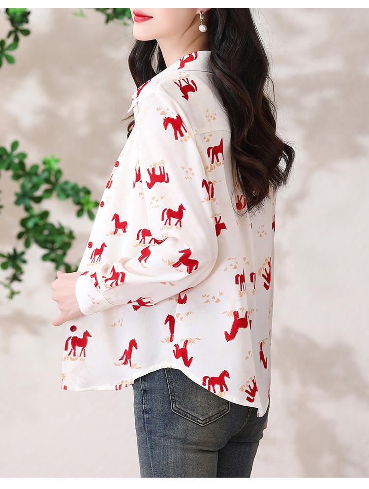 Women's French Retro Pony Print Chiffon Shirt - Elegant Designer Spring/Autumn 2026 Style